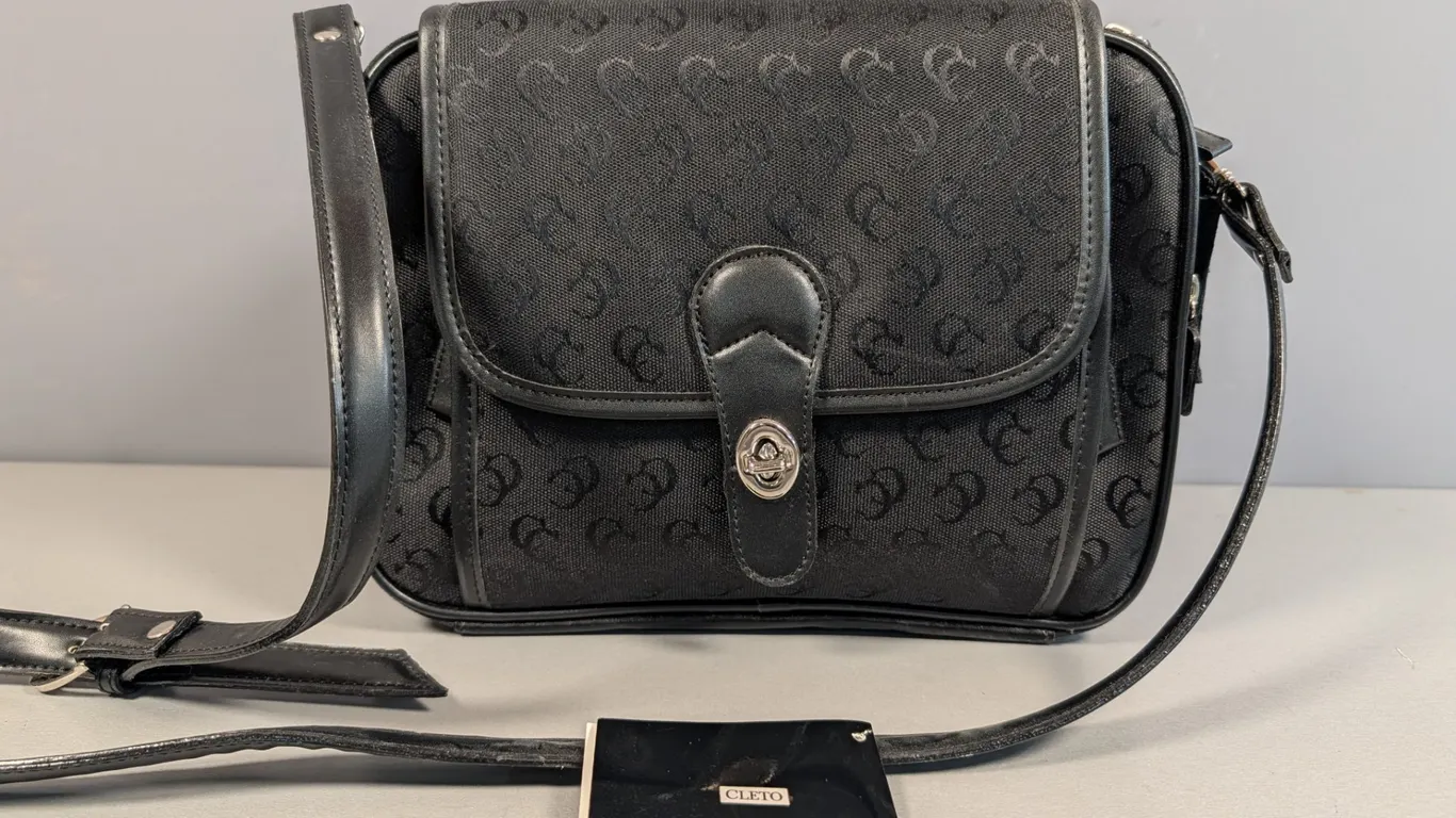 Cleto Black Monogram Canvas and Leather Shoulder Bag