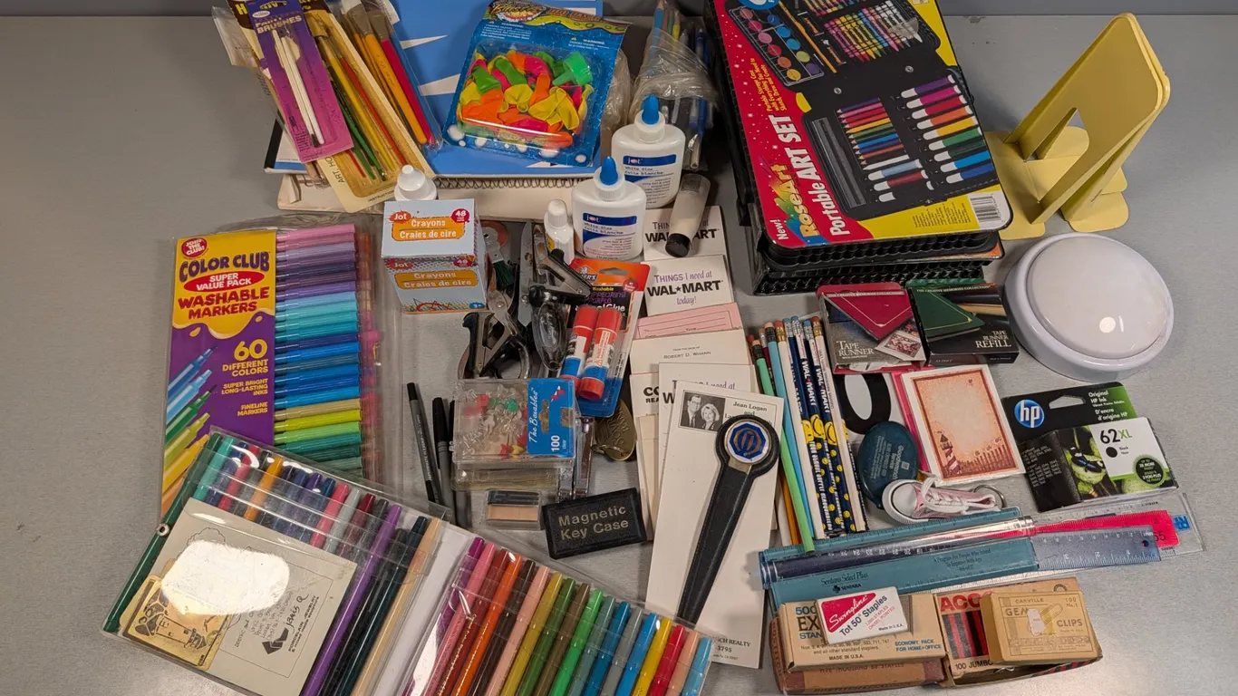Large Collection of Art Supplies, Markers, Crayons, and Stationery