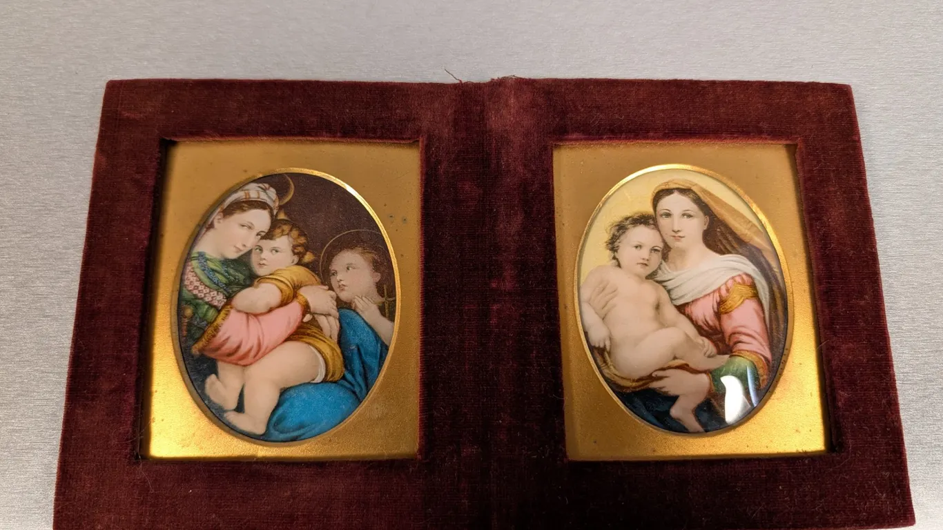Pair of Miniature Religious Paintings in Velvet Case