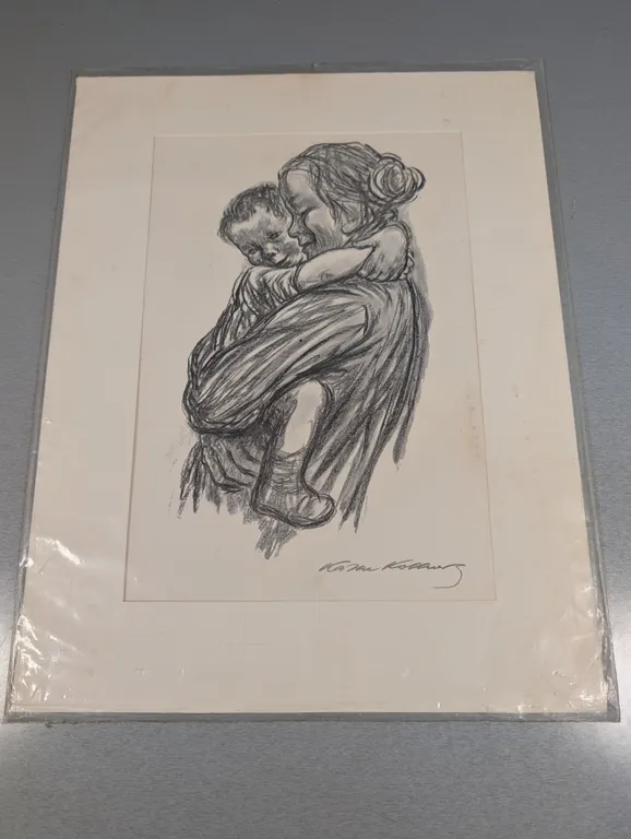 Käthe Kollwitz Style "Child In Arms" Charcoal Drawing