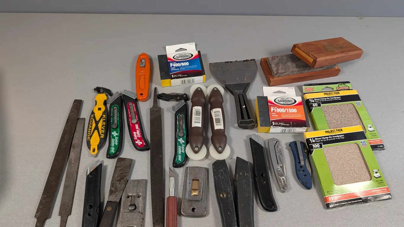 Assorted Hand Tools, Sanding Blocks, and Sandpaper Lot