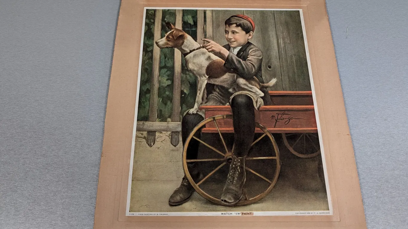 1908 M. Falango Boy and Dog in Wagon Print