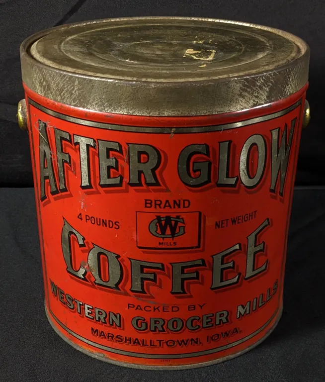 4# TIN LITHO COFFEE CAN AFTER GLOW WESTERN GROCER MILLS MARSHALLTOWN IOWA
