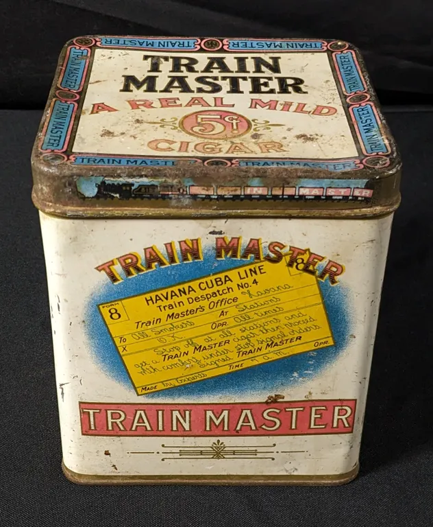 TIN LITHO CAN TRAIN MASTER 5¢ CIGARS HAVANA CUBA LINE