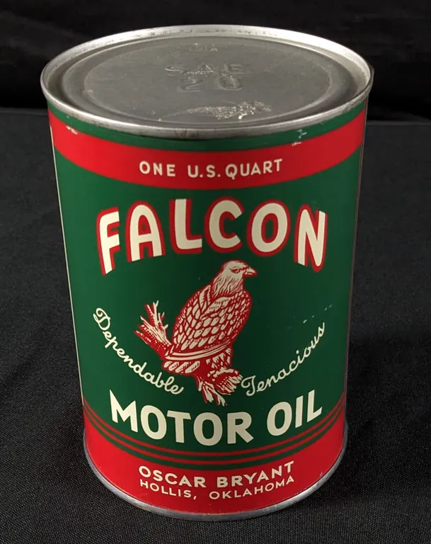 QUART CAN FALCON MOTOR OIL OSCAR BRYANT HOLLIS OKLAHOMA