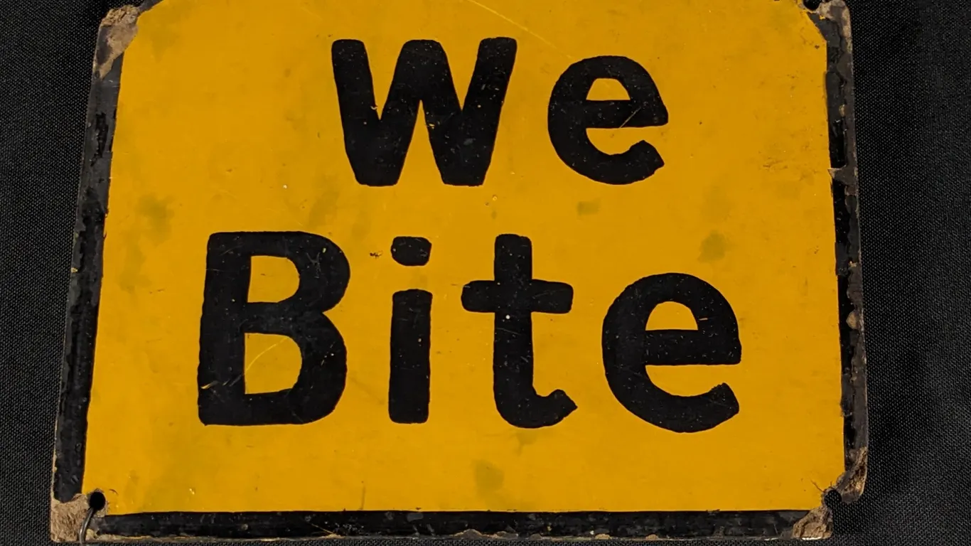 VINTAGE MASONITE CARNIVAL CIRCUS SIGN "WE BITE"
