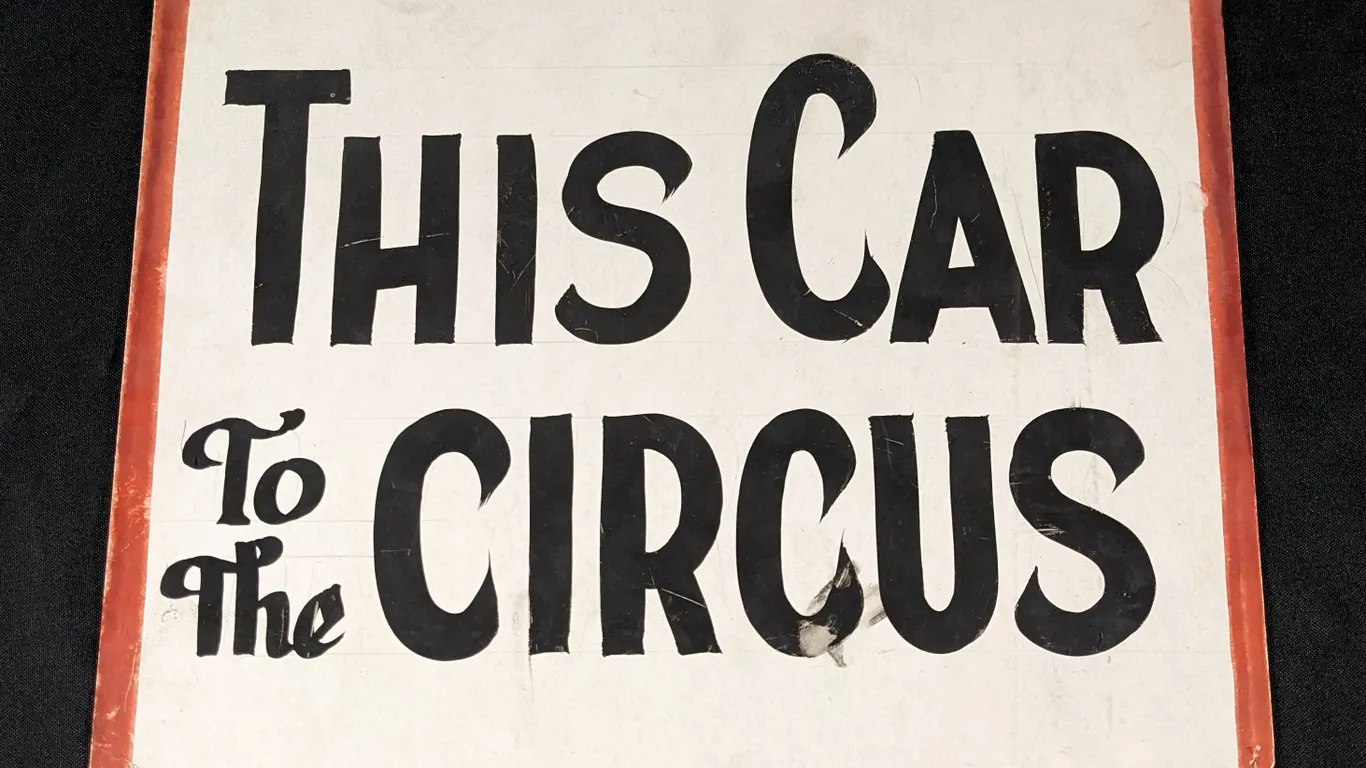 VINTAGE CARDSTOCK CARNIVAL TROLLEY CAR SIGN "THIS CAR TO THE CIRCUS"
