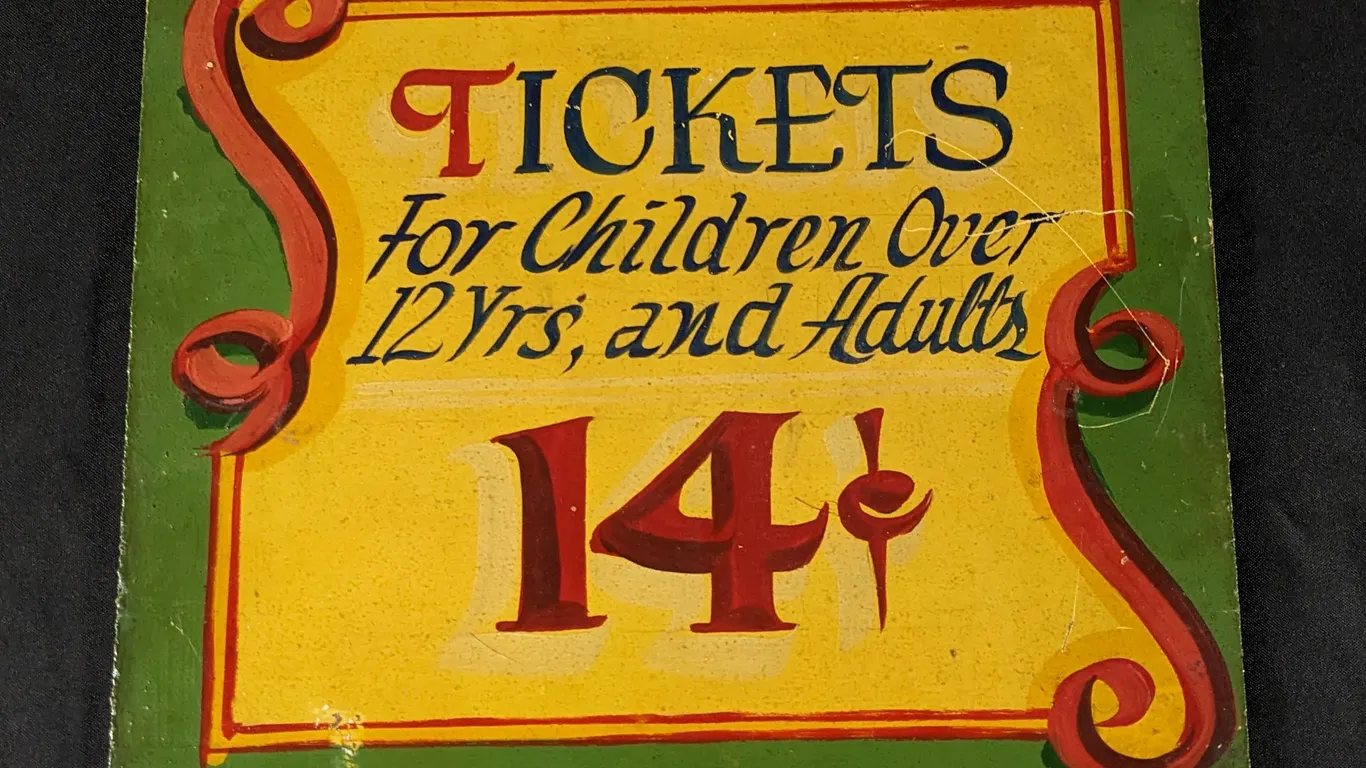 VINTAGE CIRCUS CARNIVAL MASONITE SIGN TICKETS FOR CHILDREN OVER 12YRS, AND ADULTS 14¢