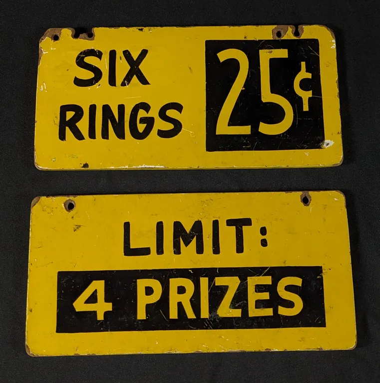 2 VINTAGE CIRCUS CARNIVAL MASONITE SIGNS LIMIT 4 PRIZES SIX RINGS 25¢ (2 SIDED)