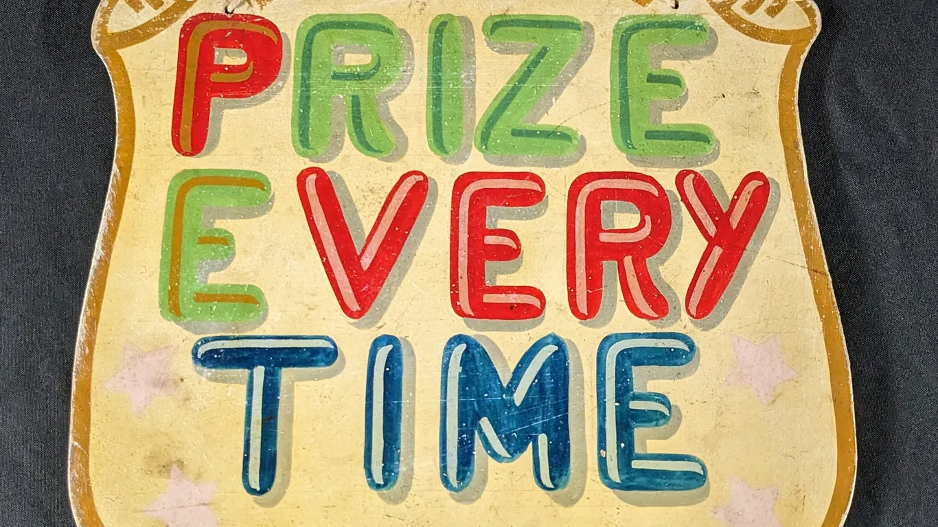 VINTAGE CIRCUS CARNIVAL PLYWOOD SIGN PRIZE EVERY TIME - 5P (PENCE) (2 SIDED)