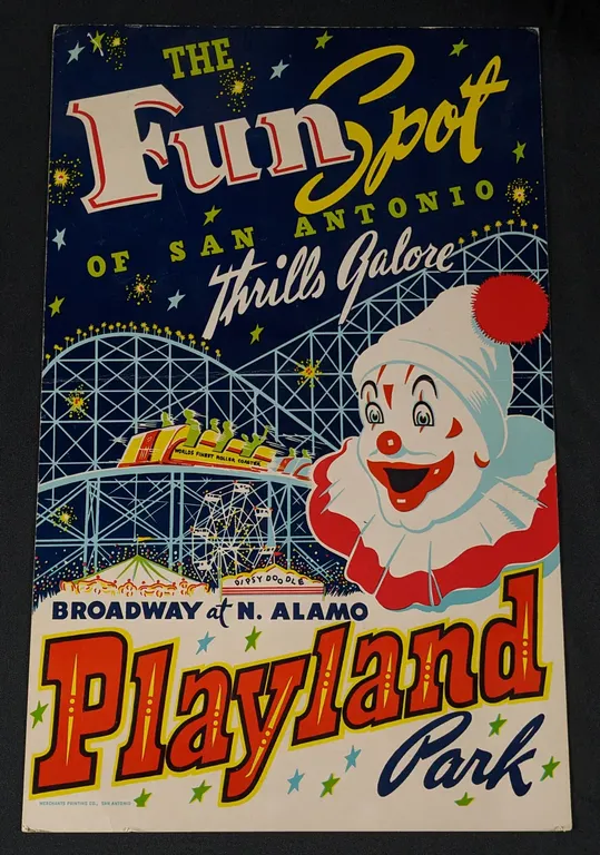 VINTAGE CARDSTOCK POSTER SIGN THE FUN SPOT OF SAN ANTONIO THRILLS GALORE PLAYLAND PARK