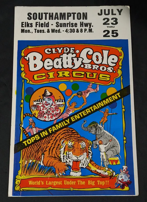 VINTAGE CARDSTOCK CIRCUS POSTER CLYDE BEATTY COLE BROS SOUTHAMPTON ELKS FIELD (NEW YORK)