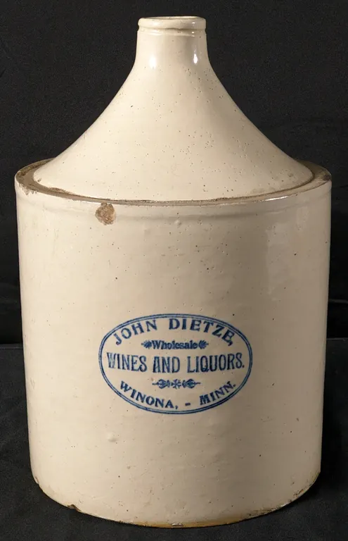 2 GAL RED WING STONEWARE ADVERTISING CROCK JUG JOHN DIETZE WHOLESALE WINES & LIQUORS WINONA MINNESOTA