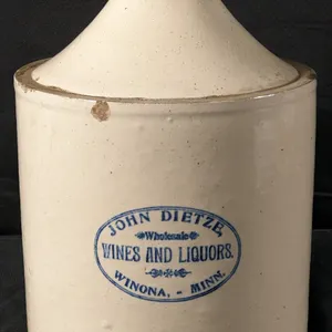 2 GAL RED WING STONEWARE ADVERTISING CROCK JUG JOHN DIETZE WHOLESALE WINES & LIQUORS WINONA MINNESOTA