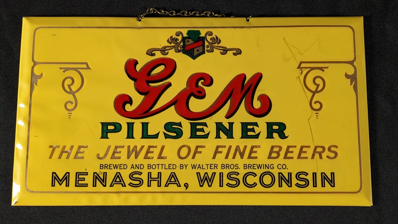 CELLULOID OVER TIN SIGN GEM PILSENER THE JEWEL OF FINE BEERS MENASHA WISCONSIN