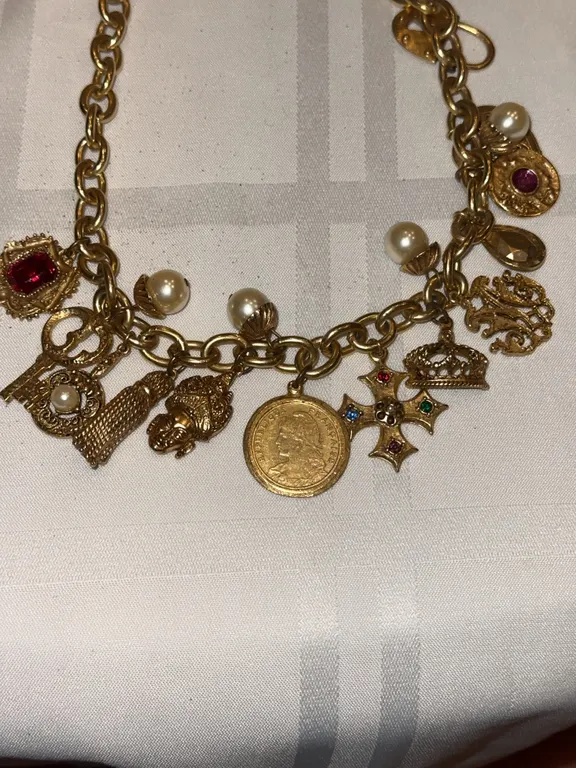 Rare French Etruscan couture charm necklace w/ rare 25 centimes coin, etc..