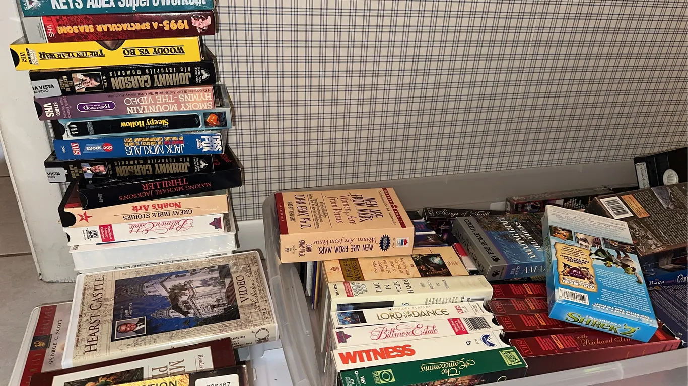 Large tub of VHS tapes, etc.