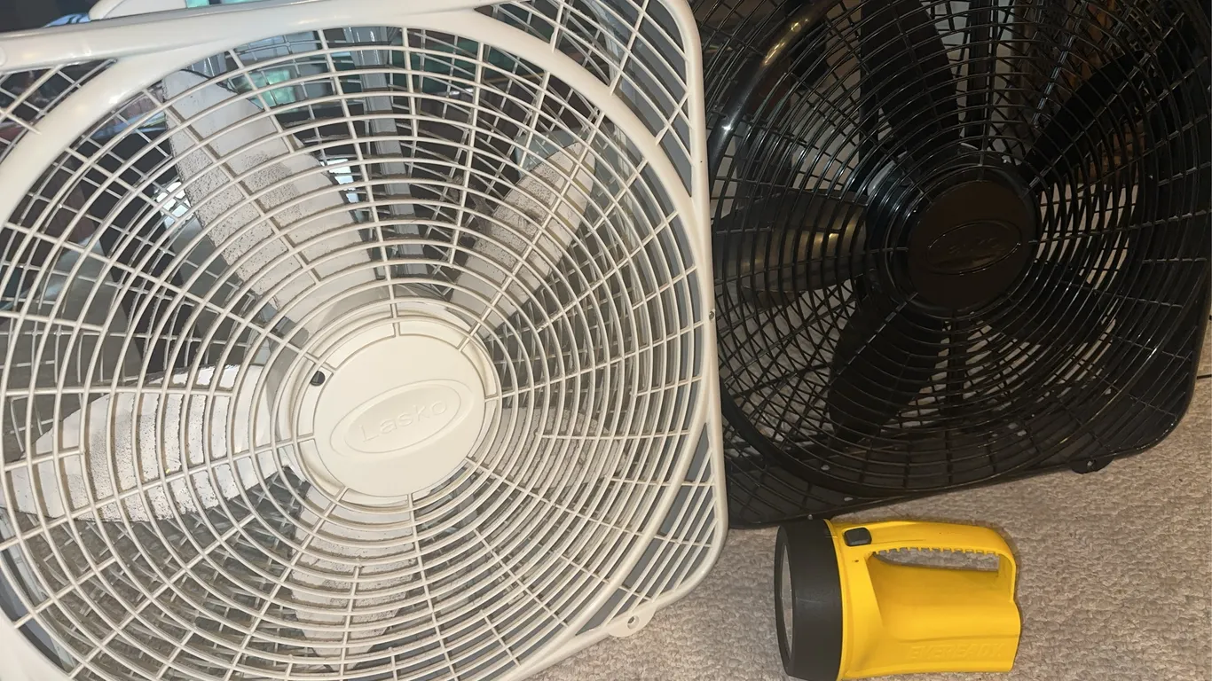 Two LASKO box fans, etc.