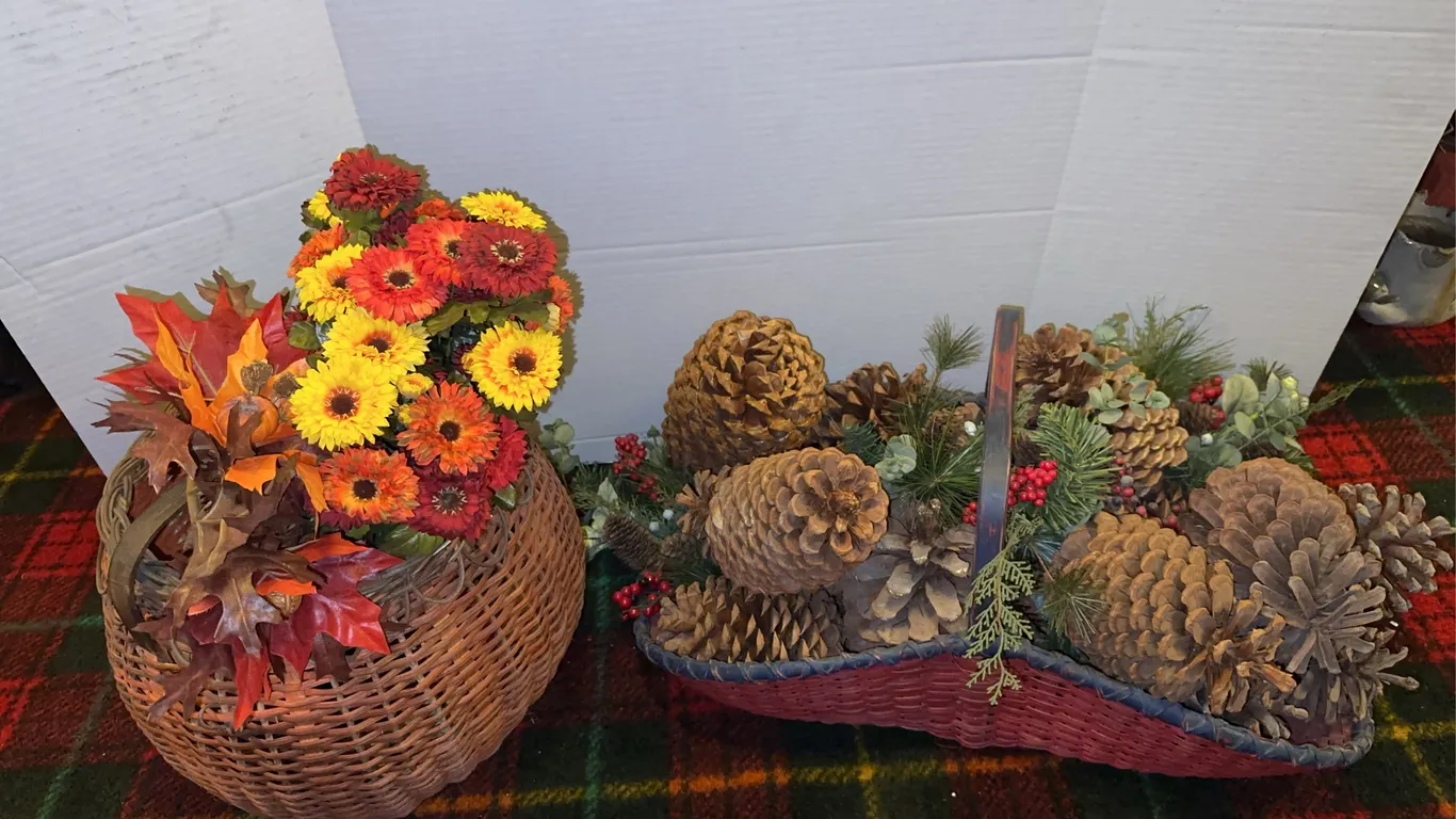 Baskets with floral + pinecones