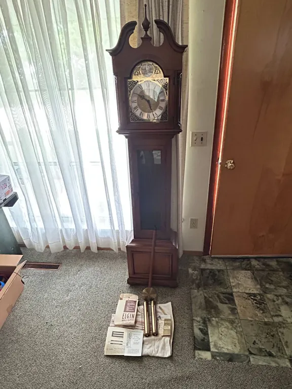 Elgin Tempus Fugit Grandfather Clock, Brass Pendulum, Weights