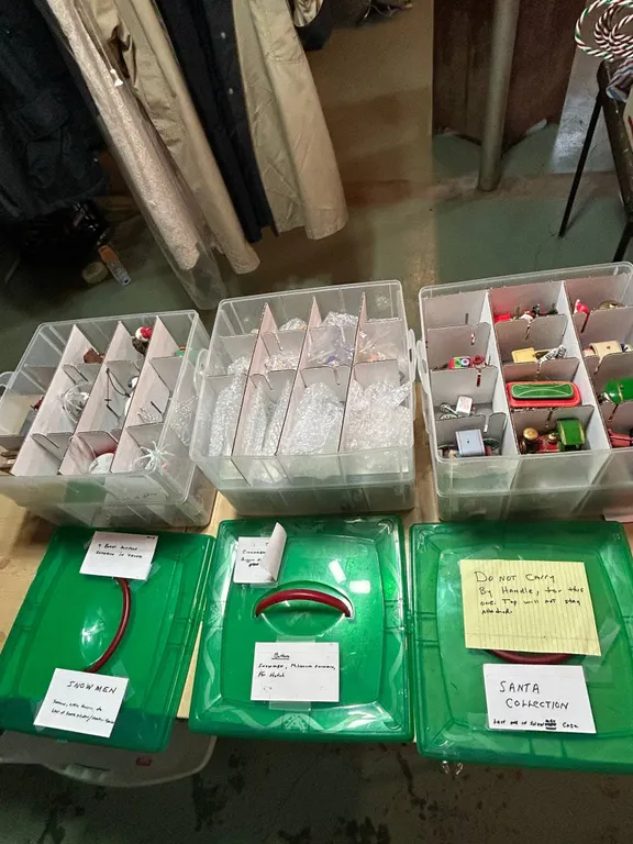 Christmas Ornaments in Divided Storage Boxes