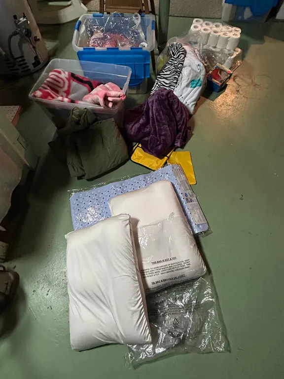 Group Lot: Household Linens, Blankets, Bath Items, Tissue Rolls, and Wooden High Chair