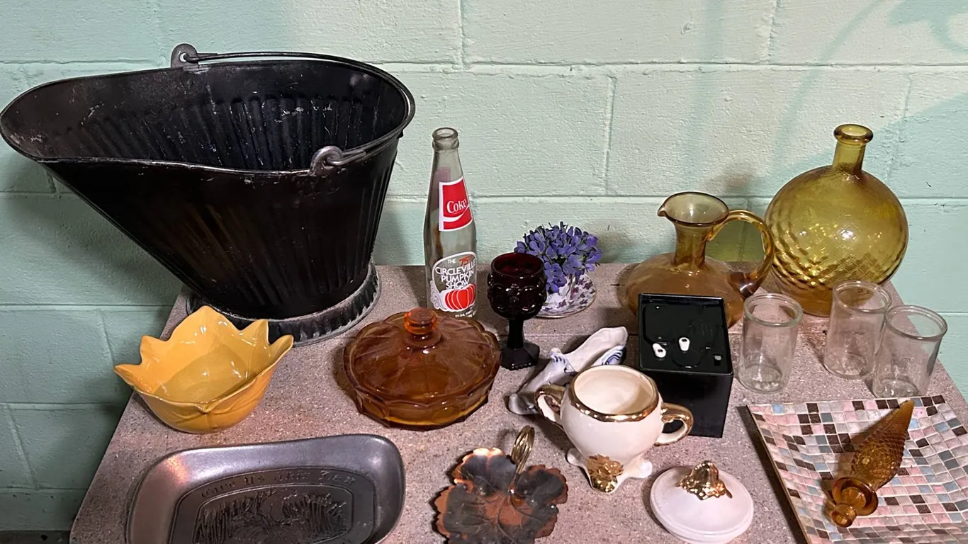 Eclectic Collection: Glassware, Metal Bucket, Decorative Assortment