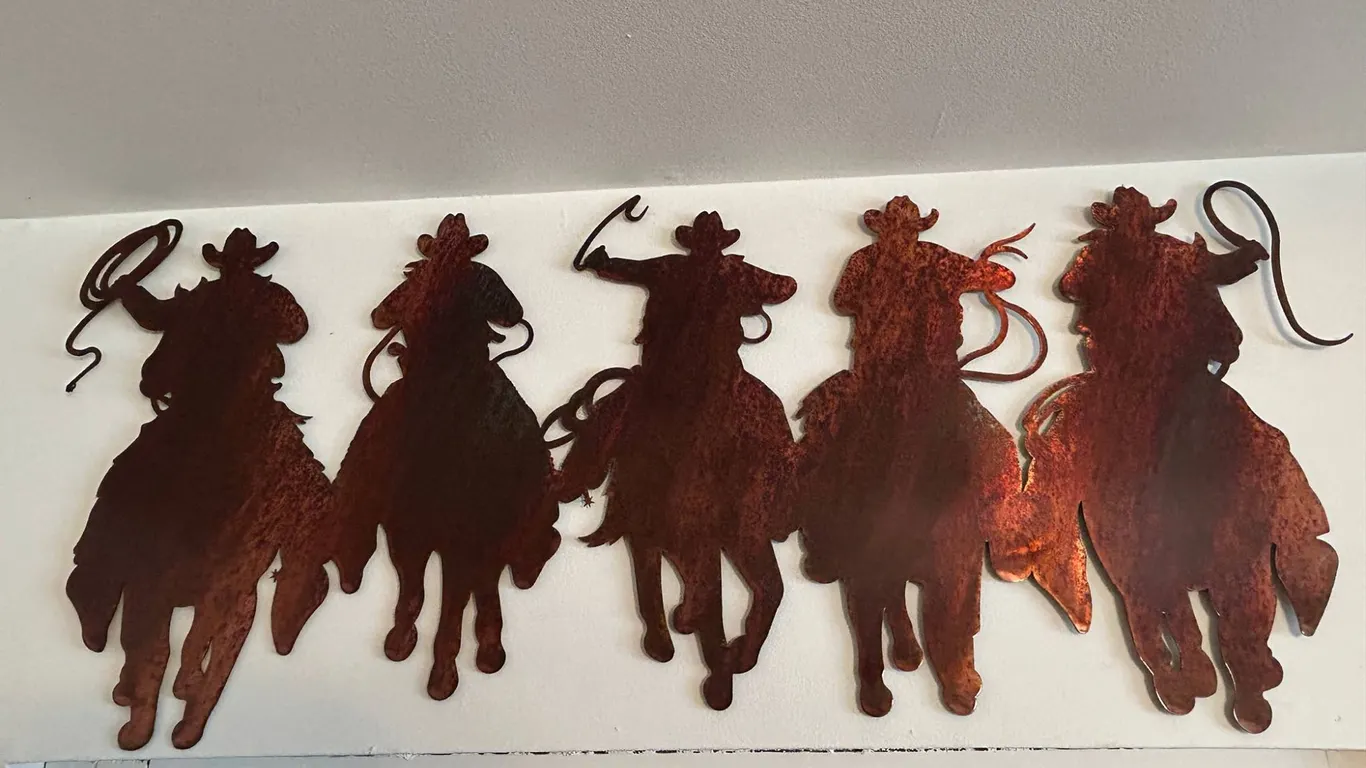 Trio: Western Metal Cowboy Wall Art, Framed Scenic Rack, and Folk Art Plaque