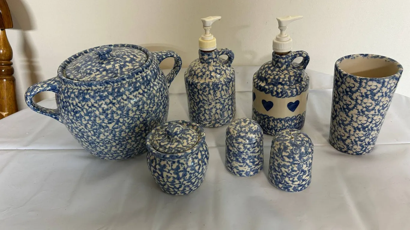 Blue Spongeware Stoneware Pieces by Roseville, Ohio