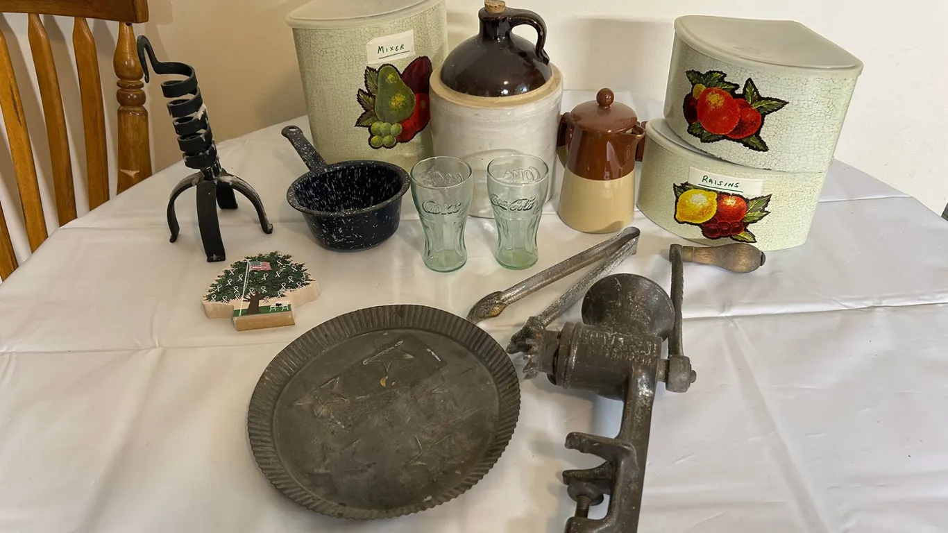 Canisters, Crocks, Iron Tools, Glassware, and Vintage Kitchen Items Collection