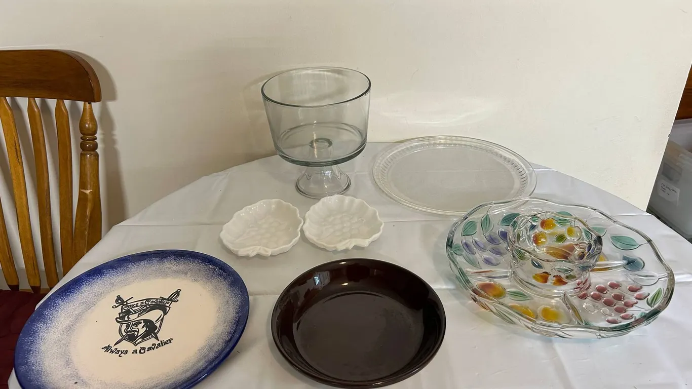 Serving Ware Lot - Hand-Painted Divided Glass Tray, Glass Trifle Bowl, Plates