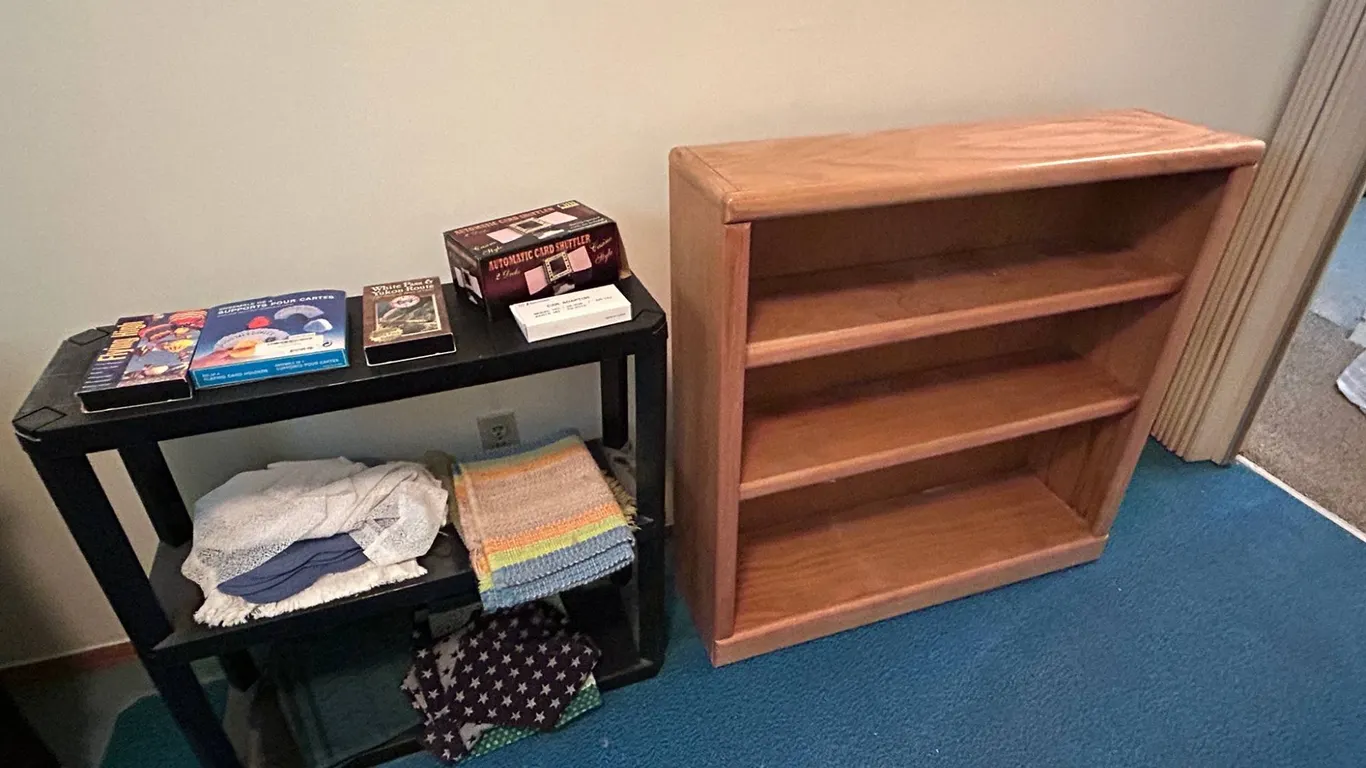 Bookshelves: Black Two-Tier Shelf and Solid Wood