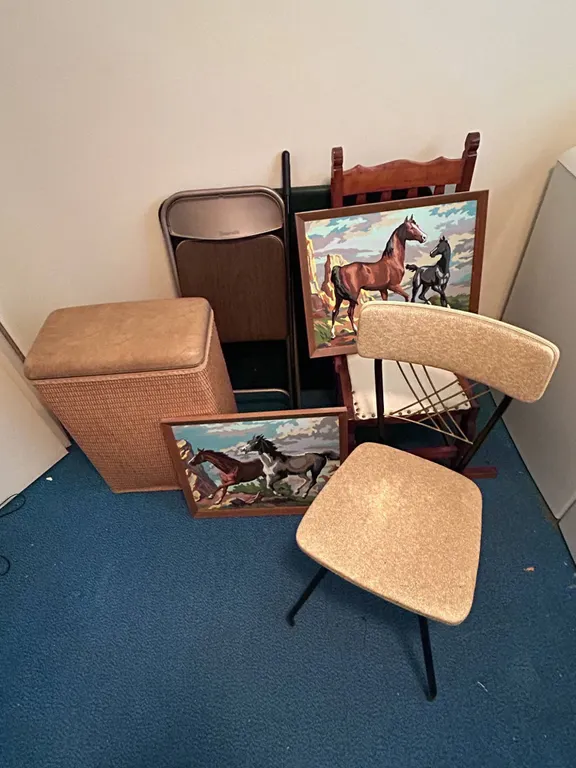 Furnishings, Framed Horse Paintings, Folding Chair, Basket, Decor
