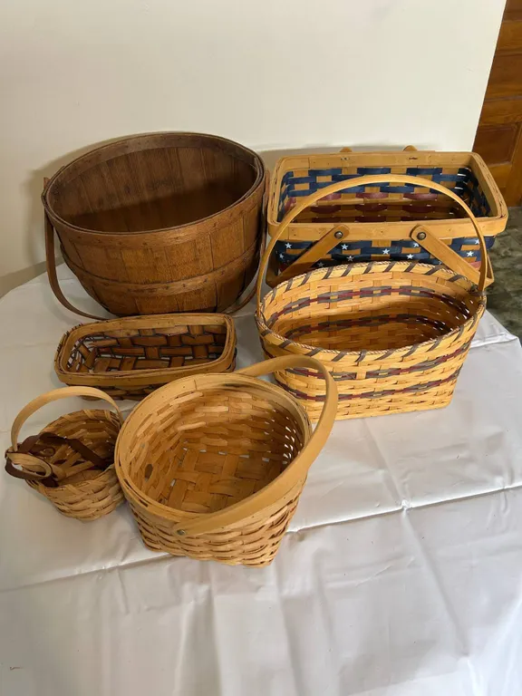 Six Handwoven Wood Baskets Varied Styles and Sizes