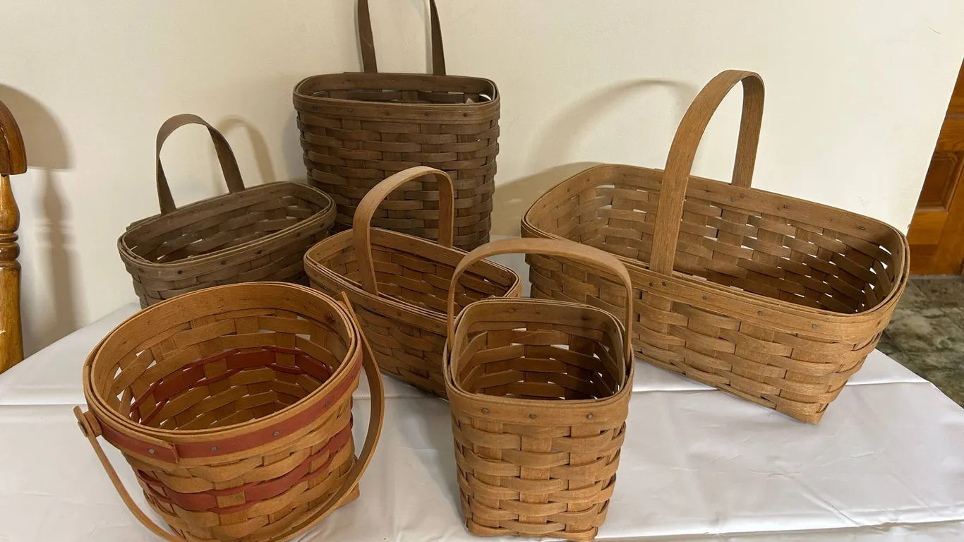 Six Longaberger Handwoven Baskets, Various Sizes, Signed, Made in USA