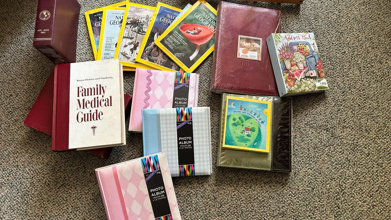 National Geographic Magazines, Family Medical Guide, Photo Albums, Wooden Rack