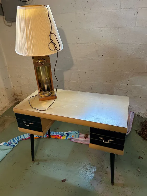 Mid-Century Modern Desk and Wooden Lamp