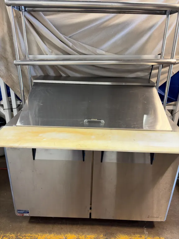 Turbo Air Stainless Steel Refrigerated Prep Table With Cutting Board and Overhead Shelf