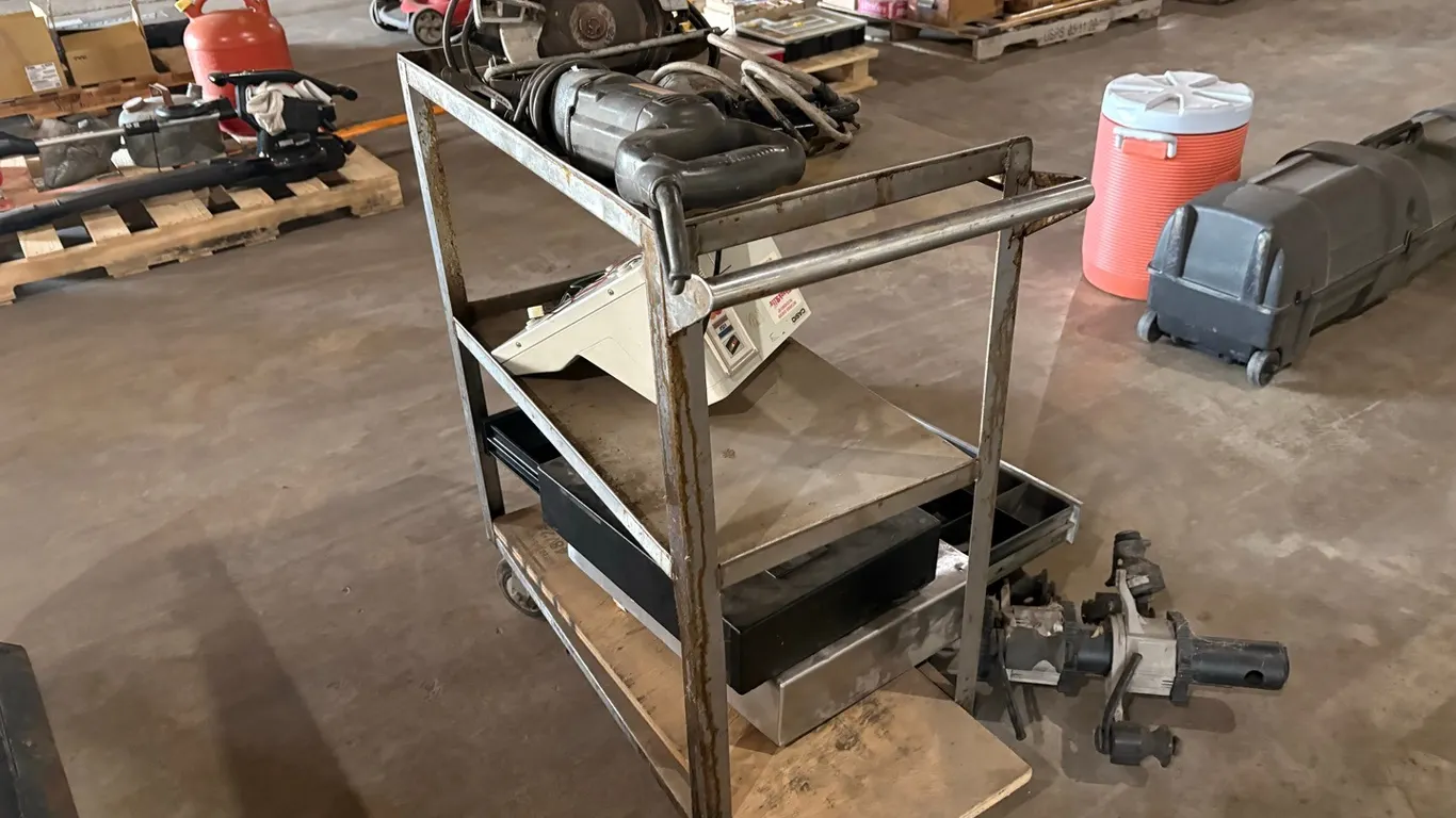 Assorted power tools w/ cash register & portable cart