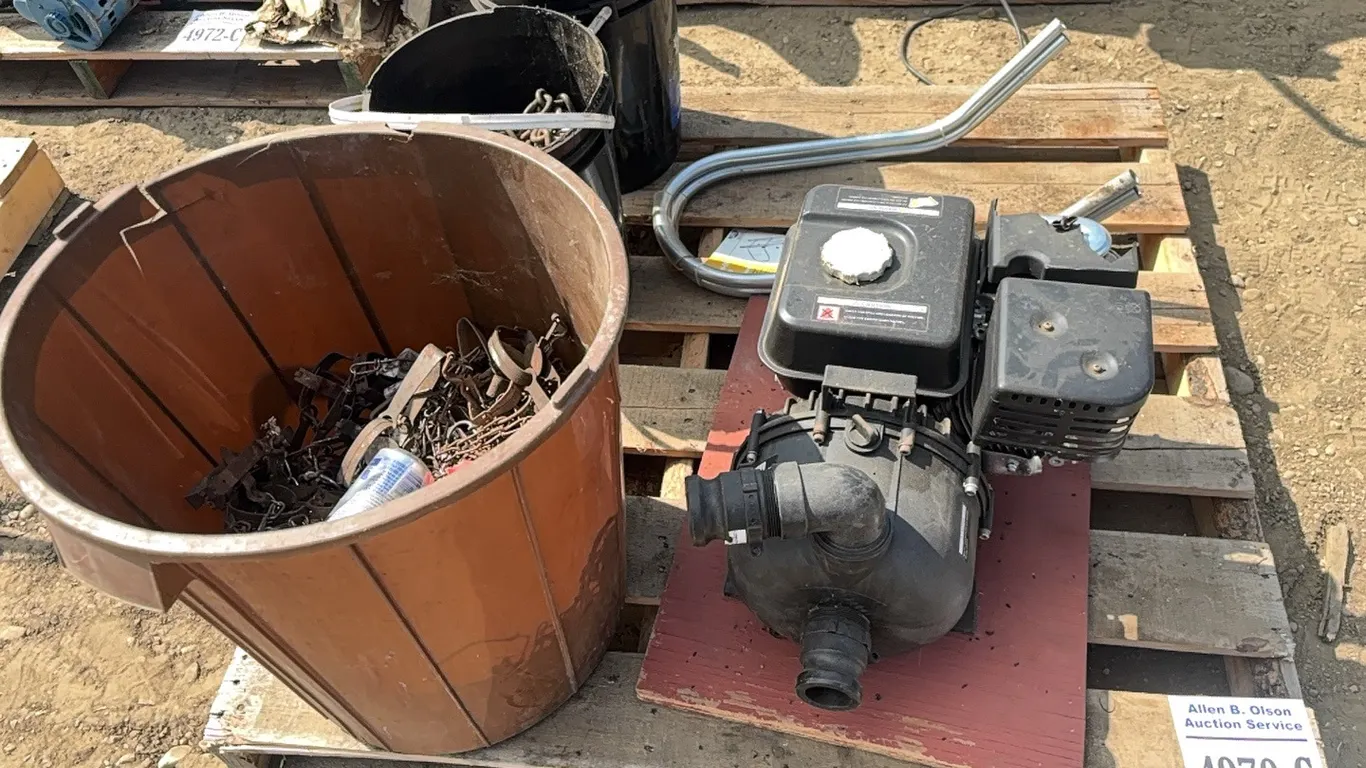 WATER PUMP, 2 - BUCKETS OF TIRE CHAINS, TRAPS, NEW/UNUSED LADEER STAND OFF ARMS
