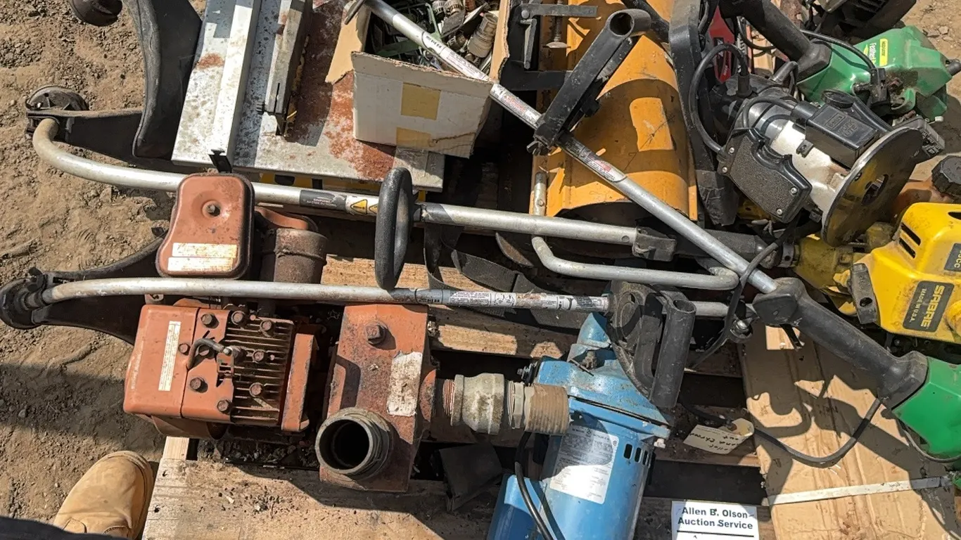 KEROSENCE HEATER, 6 - WEEDEATERS, 20 TON JACK, TRUCK TOW BAR KIT, WATER PUMP, ELECTRIC JET PUMP, TABLE SAW, GARDEN HOSE FITTINGS