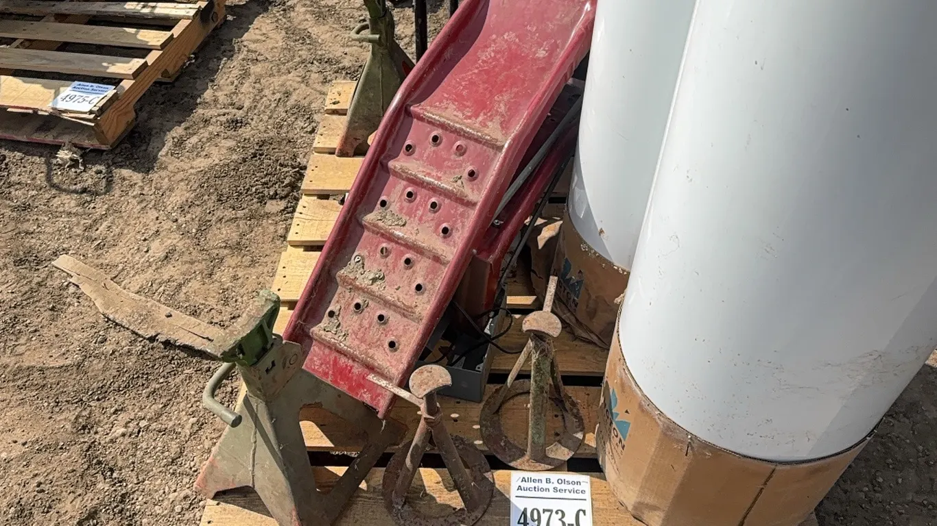 2 - 70 LB PROPANE TANKS, 4 - JACK STANDS, DOLLIE, METAL CAR RAMPS, ELECTRICAL PANELS