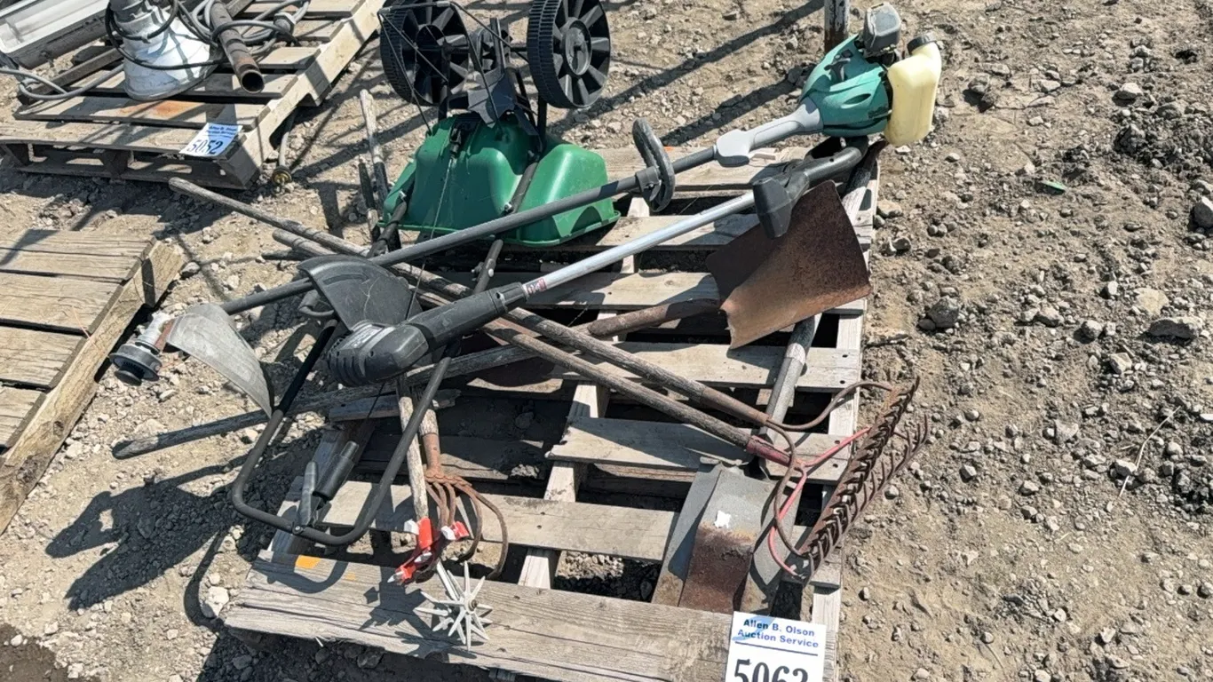 PUSH TYPE SPREADER, 2 - WEED WACKERS, 2 - RAKES, 3 - SHOVELS, 2 - HOE TYPE RAKES