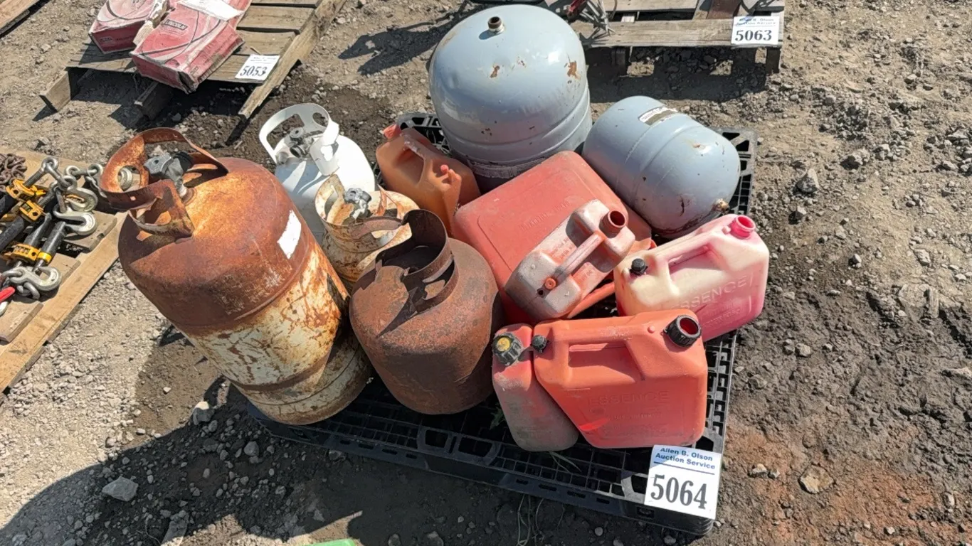 ASSORTED PROPANE TANKS, 6 - FUEL JERRY CANS ASSORTED SIZE