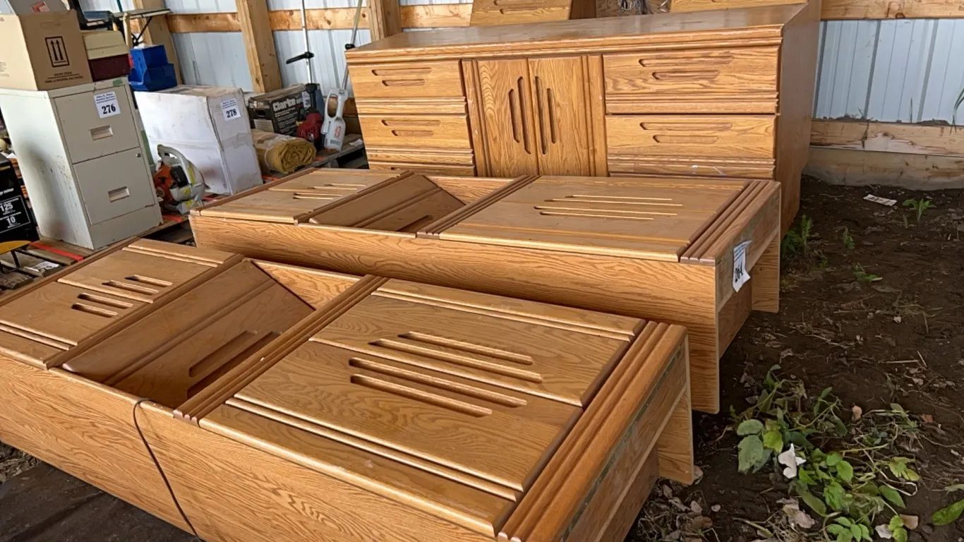 63"W HEADBOARD, 70" DRESSER & 2 - 74"H CABINETS w/ DOORS