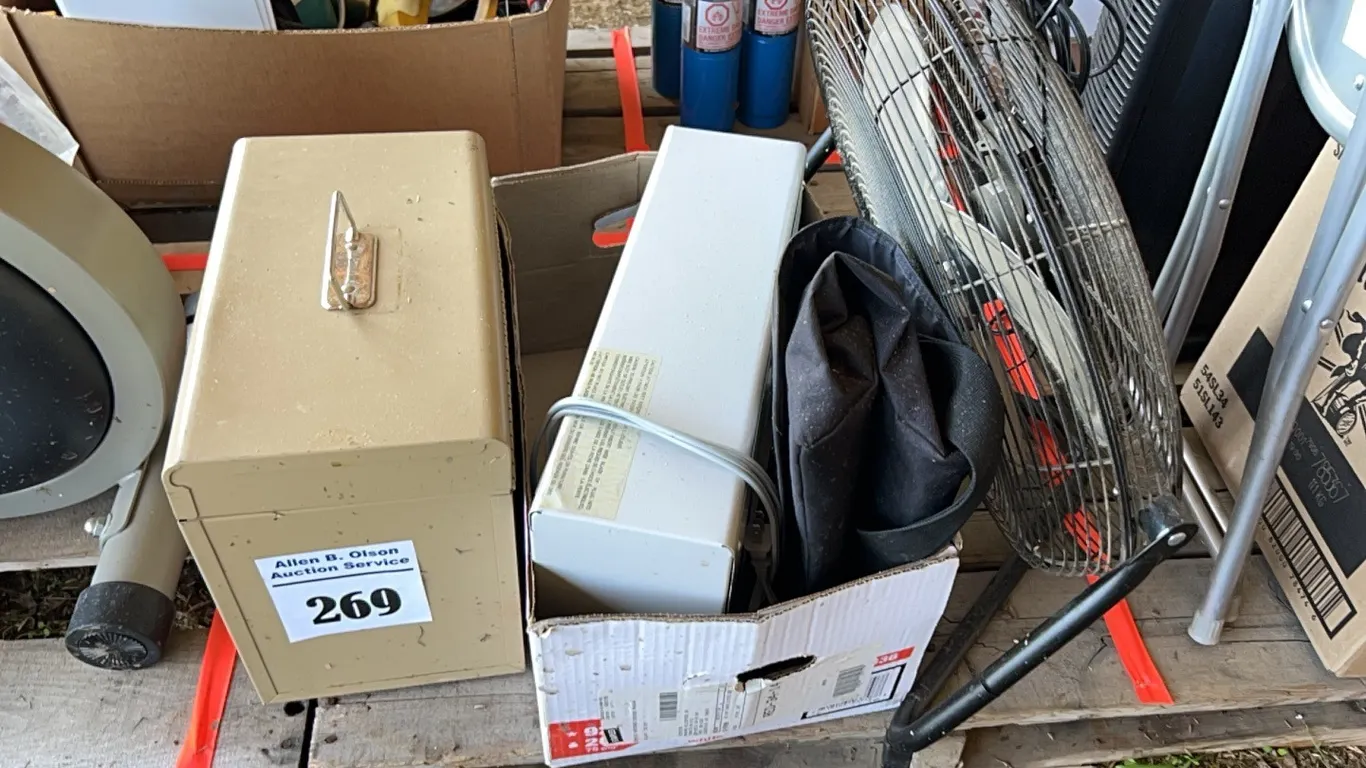 HOUSE FAN, ELECTRIC HEATER & METAL BOX