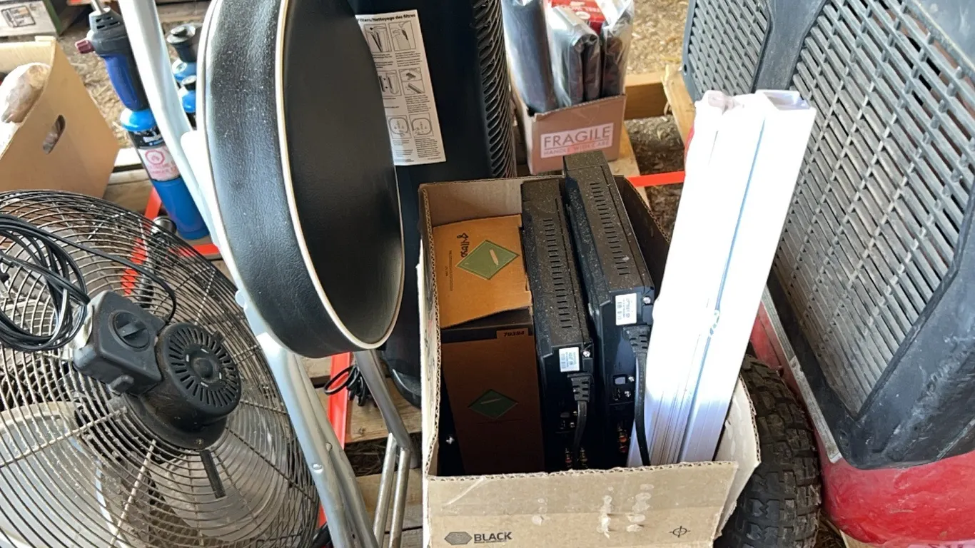 HOUSE HEATER, FOLDING STOOL, WINDOW BLIND & 2 - DVD PLAYERS