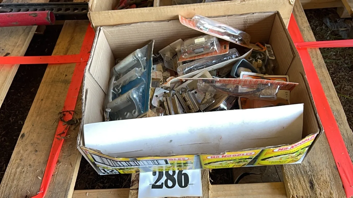 2 -BOXES OF HINGES, C-CLAMPS & ASSORT HARDWARE