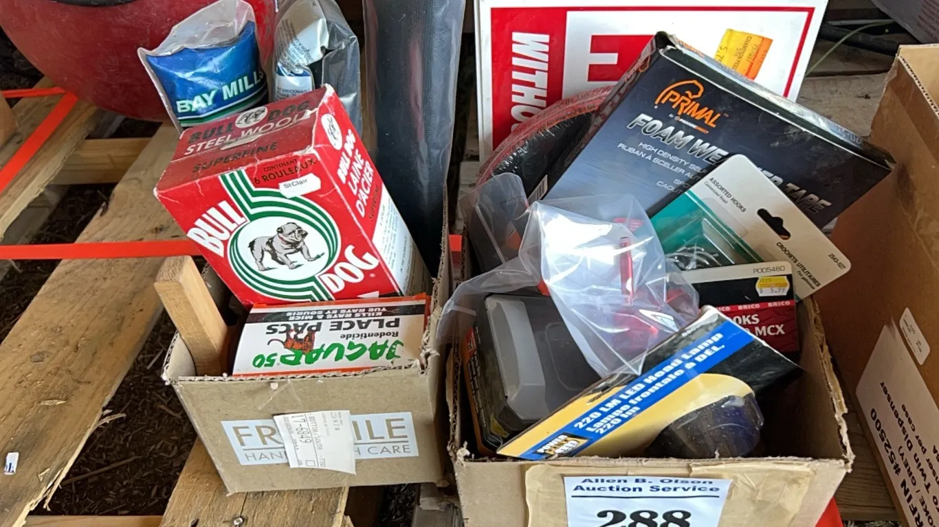 STEEL WOOL, DOOR SCREEN, MATERIAL , NO HUNTING SIGNS, HEADLAMP, TOOL HOOKS w/ PART PINS & MORE