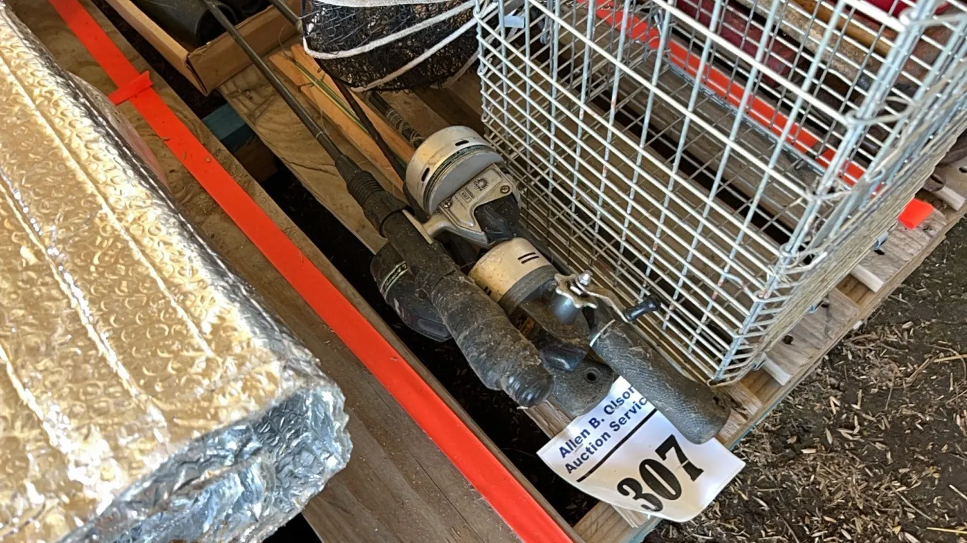 FISH RODS, BINOCULARS, FISH STORAGE NET & LIVE TRAP